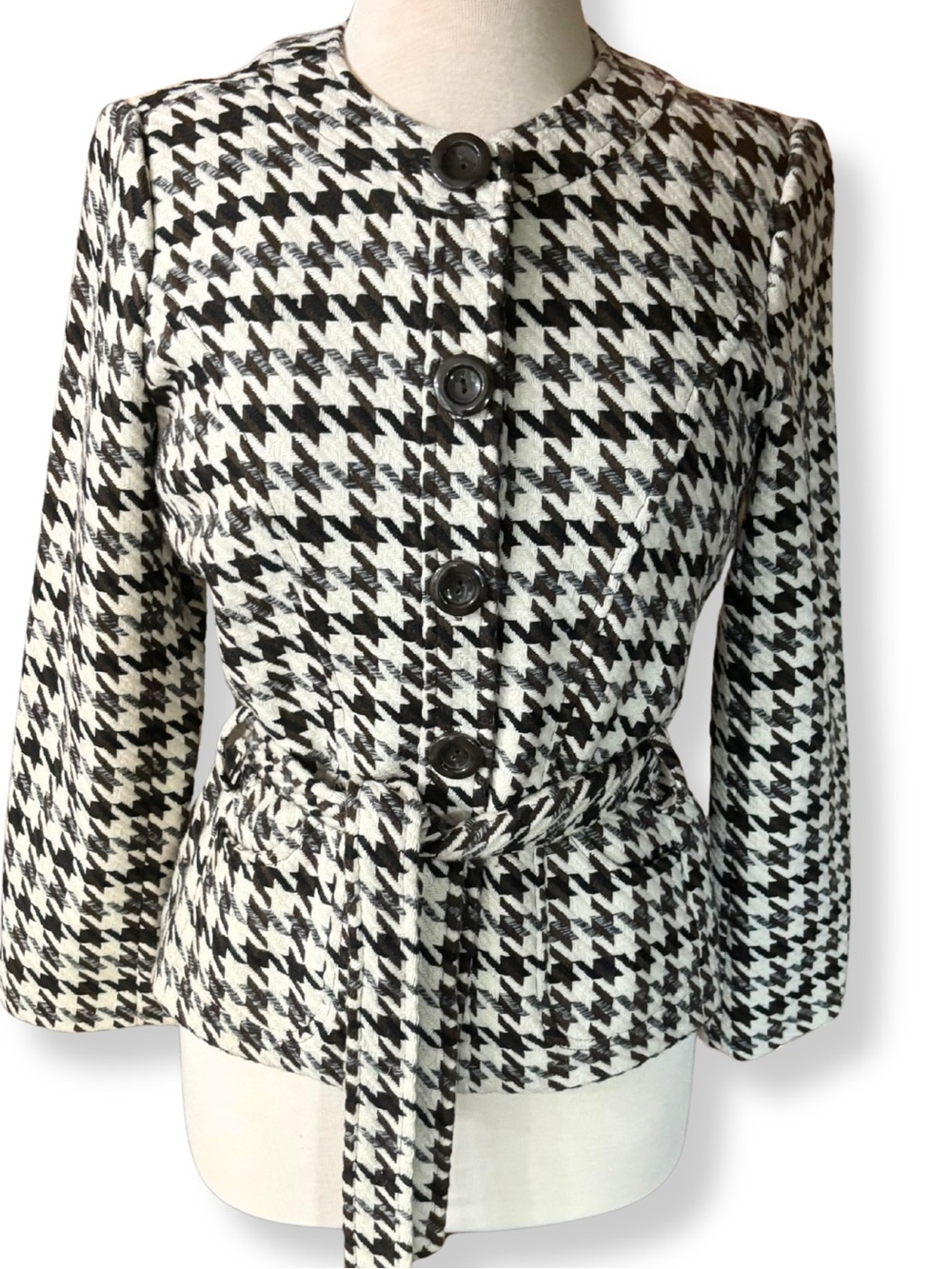 e-col-o-gie Petite Houndstooth Wool Blend Belted Jacket PM